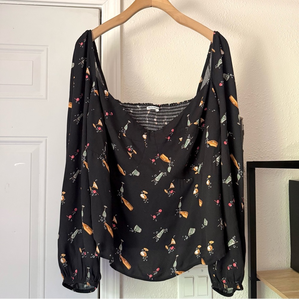 REFORMATION black cocktail print smocked back long sleeve blouse shirt top